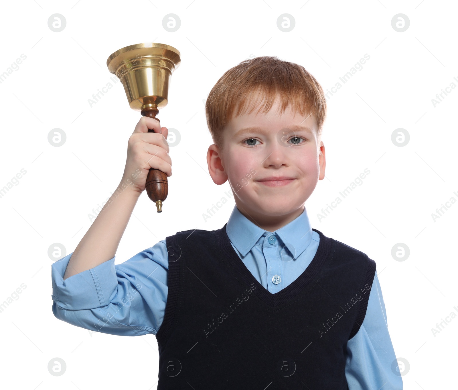 Photo of Pupil with school bell on white background