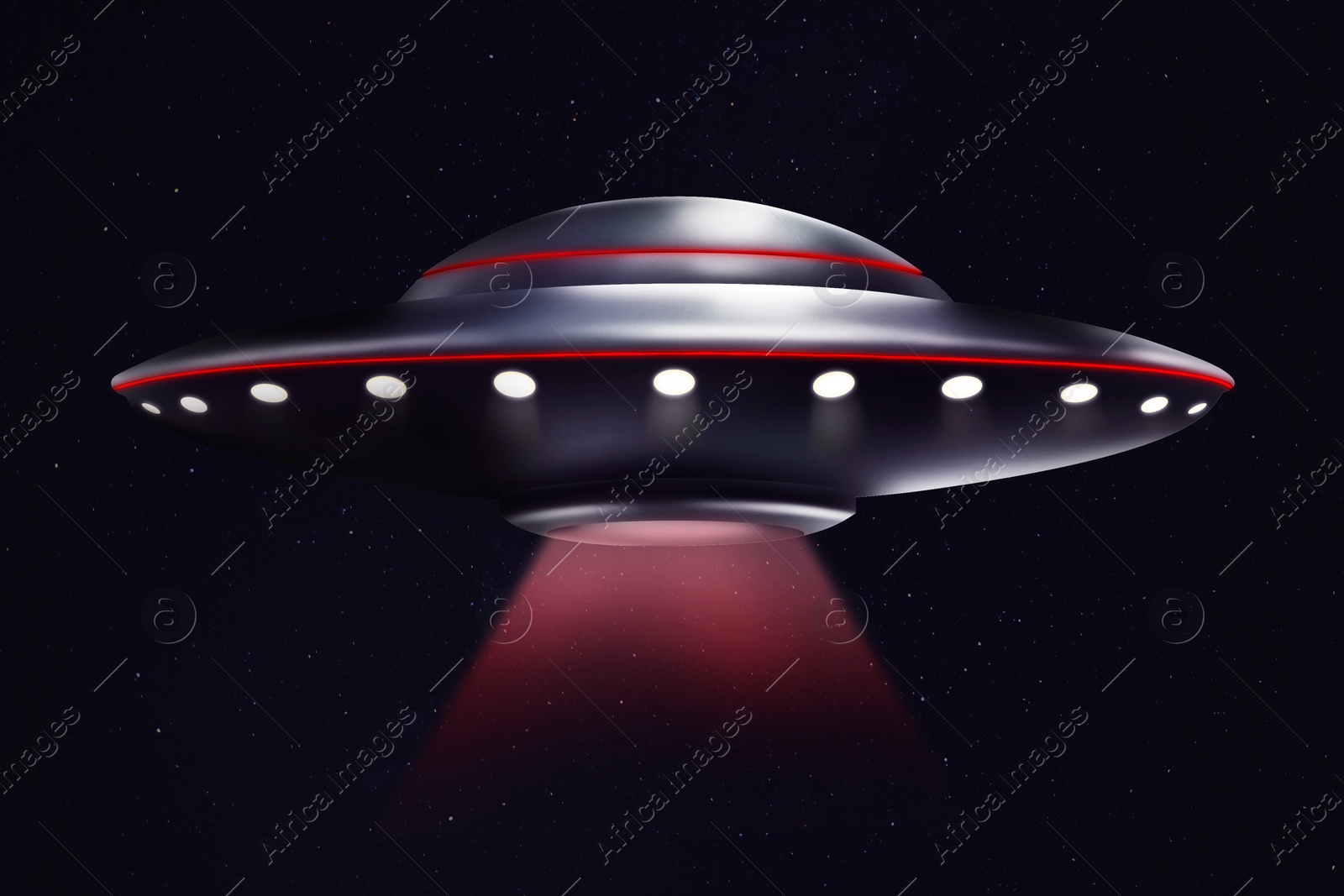 Image of UFO. Alien spaceship emitting light beam on black background, illustration