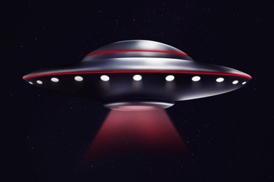 Image of UFO. Alien spaceship emitting light beam on black background, illustration