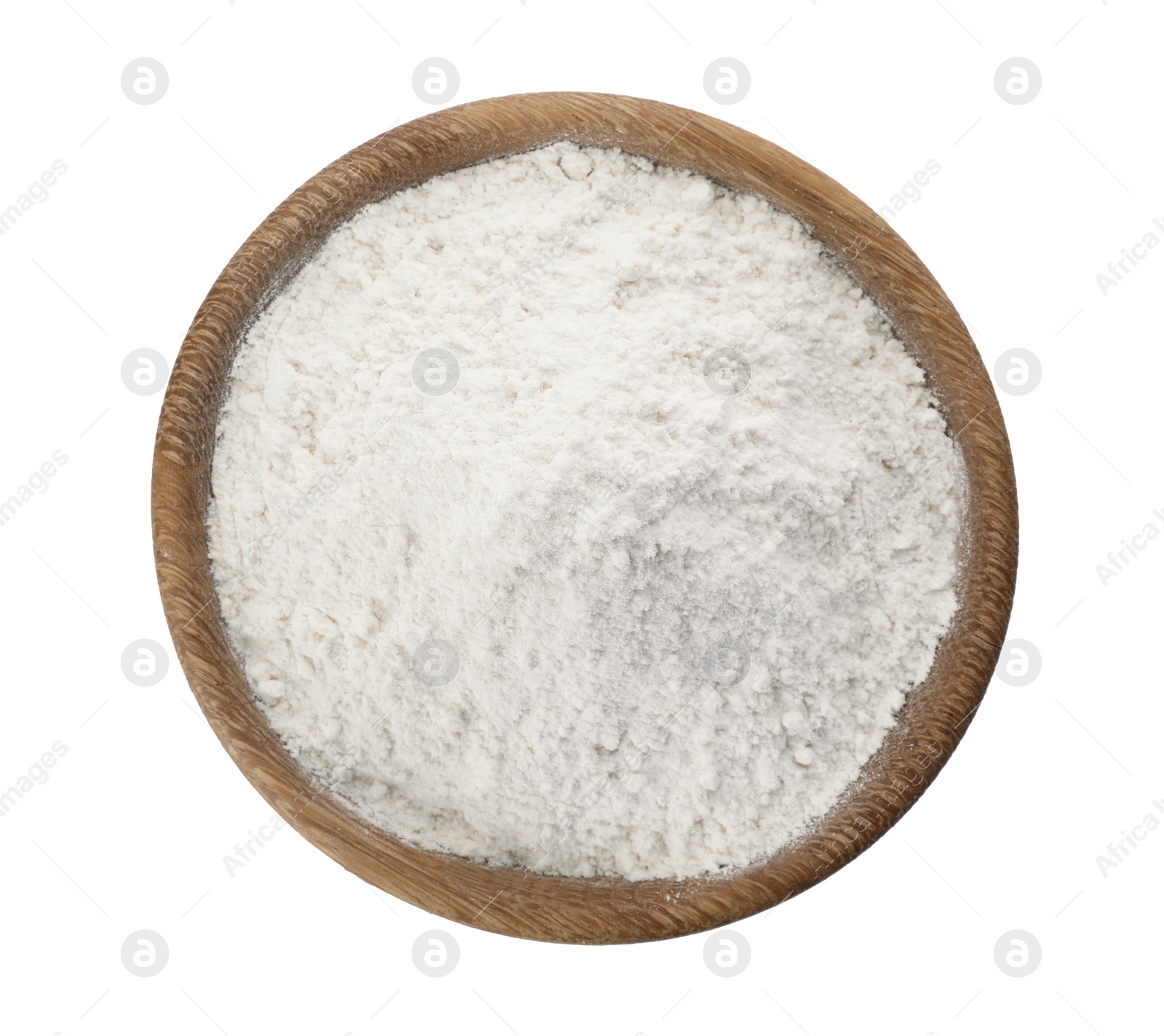 Photo of Bowl of wheat flour isolated on white, top view