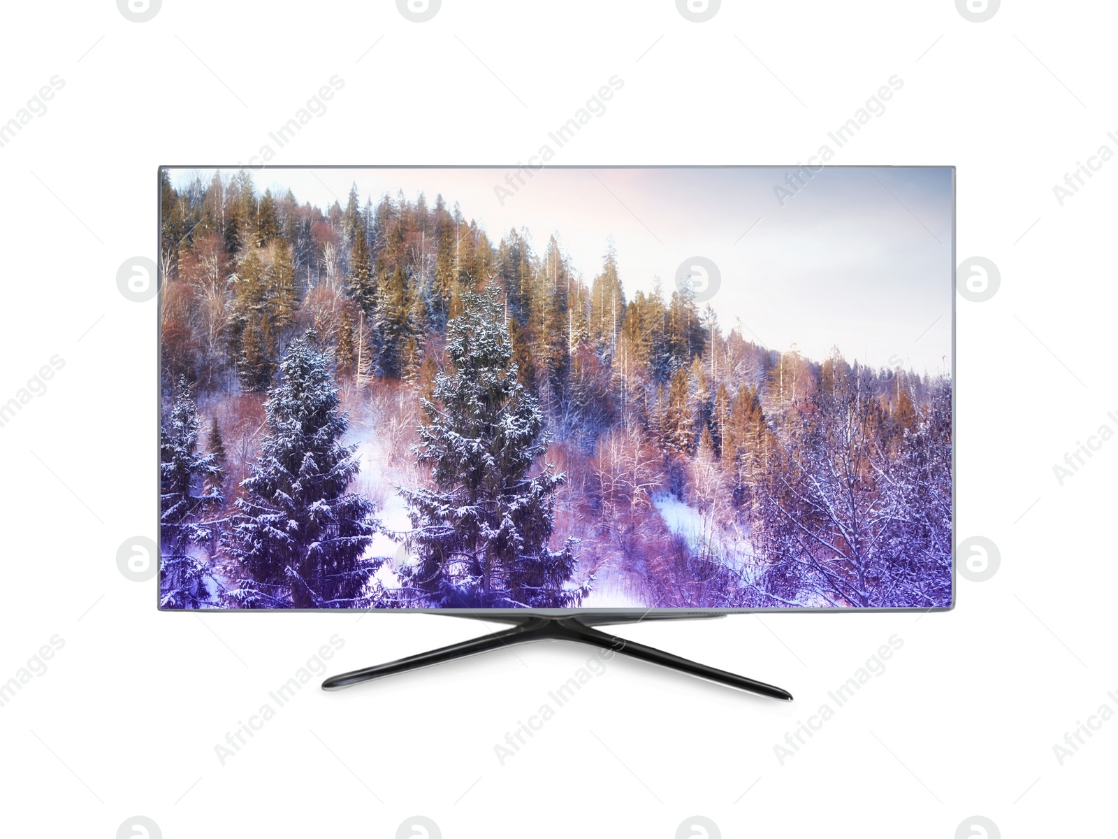 Image of Modern wide screen TV monitor showing mountain lanscape, isolated on white
