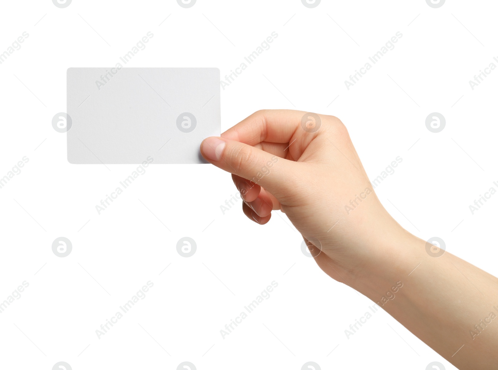 Photo of Woman holding blank gift card on white background, closeup