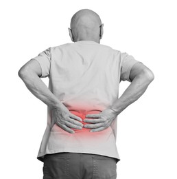 Image of Man suffering from back pain on white background. Black and white effect with red accent