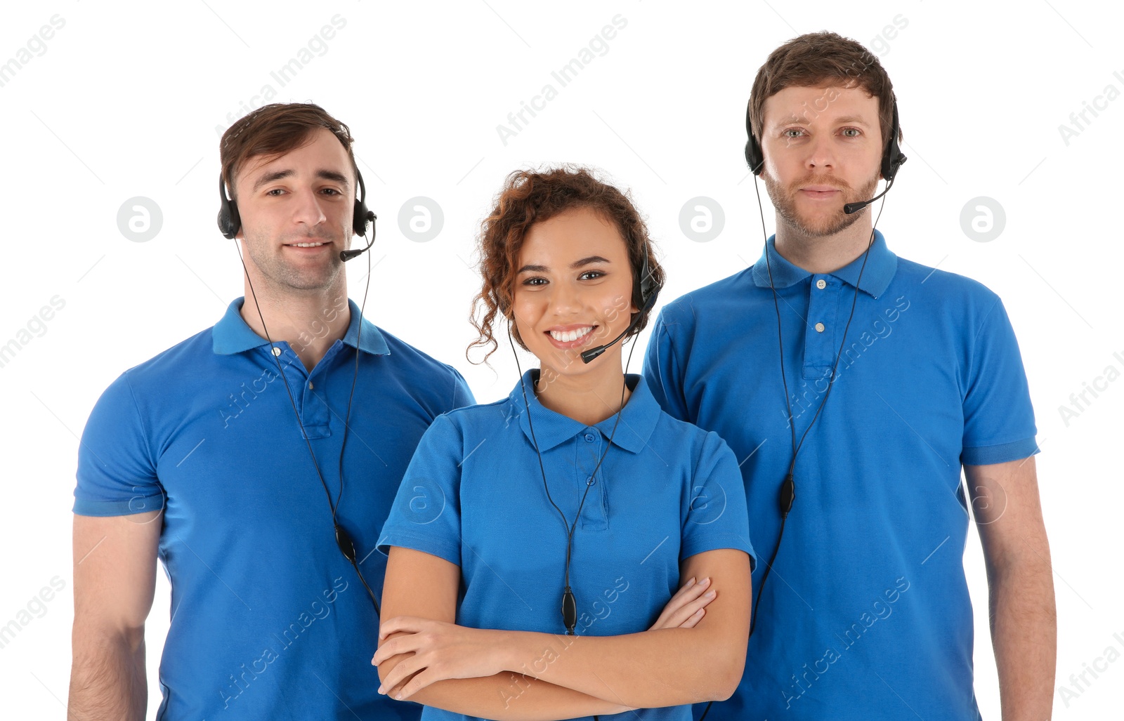 Photo of Team of technical support with headsets isolated on white