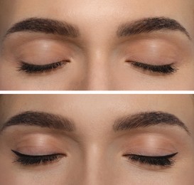 Image of Collage with photos of young woman before and after getting permanent eyeliner makeup, closeup