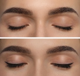 Collage with photos of young woman before and after getting permanent eyeliner makeup, closeup