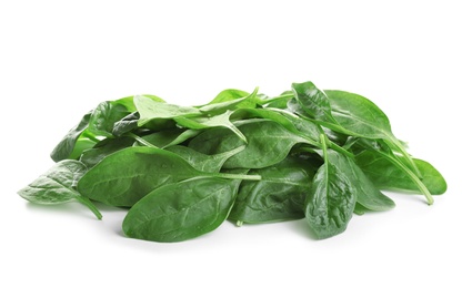 Photo of Heap of fresh green healthy baby spinach leaves isolated on white