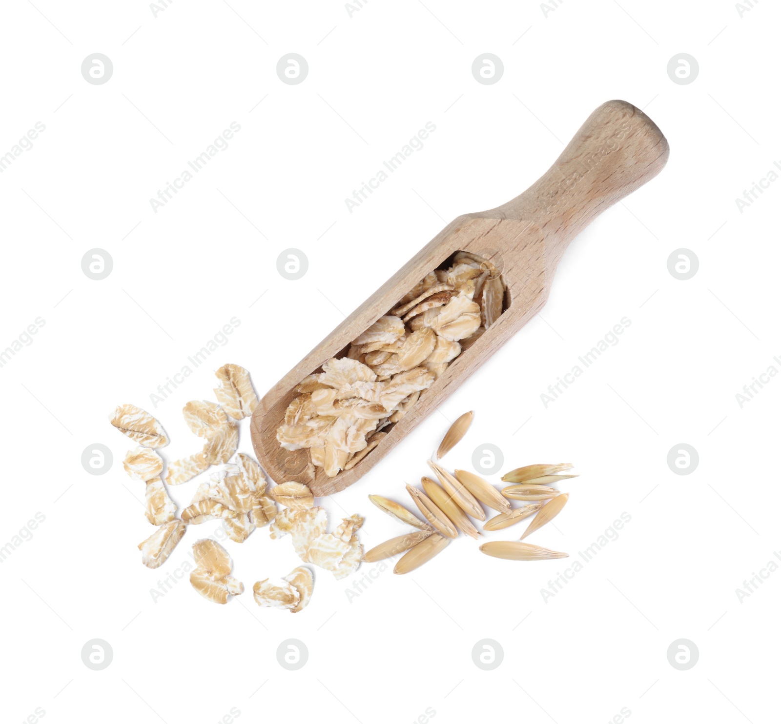 Photo of Raw oatmeal and wooden scoop on white background, top view