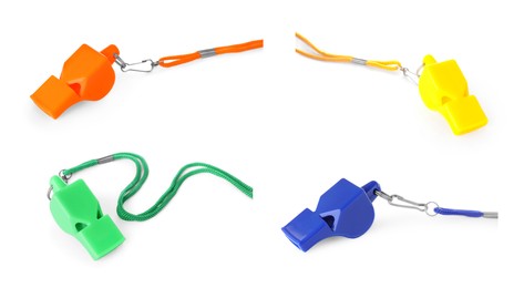 Different colourful whistles with cords isolated on white, set