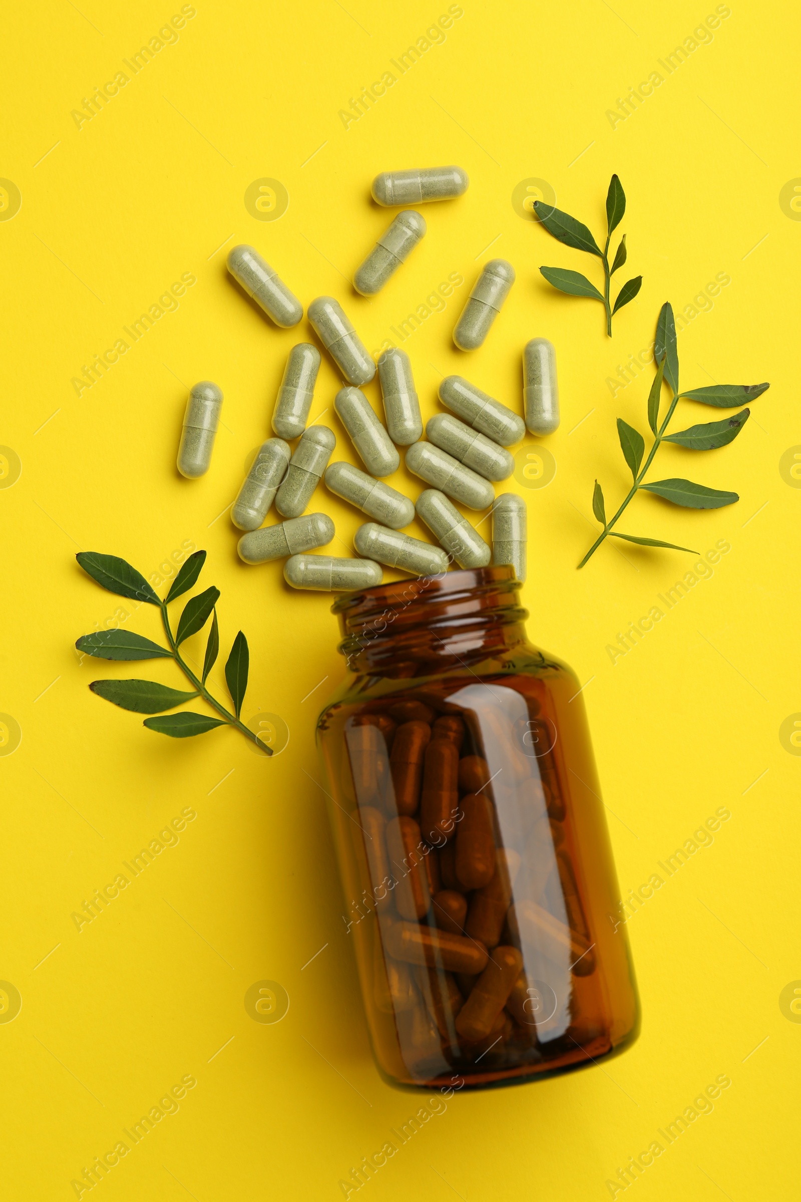 Photo of Vitamin pills, branches and bottle on yellow background, flat lay