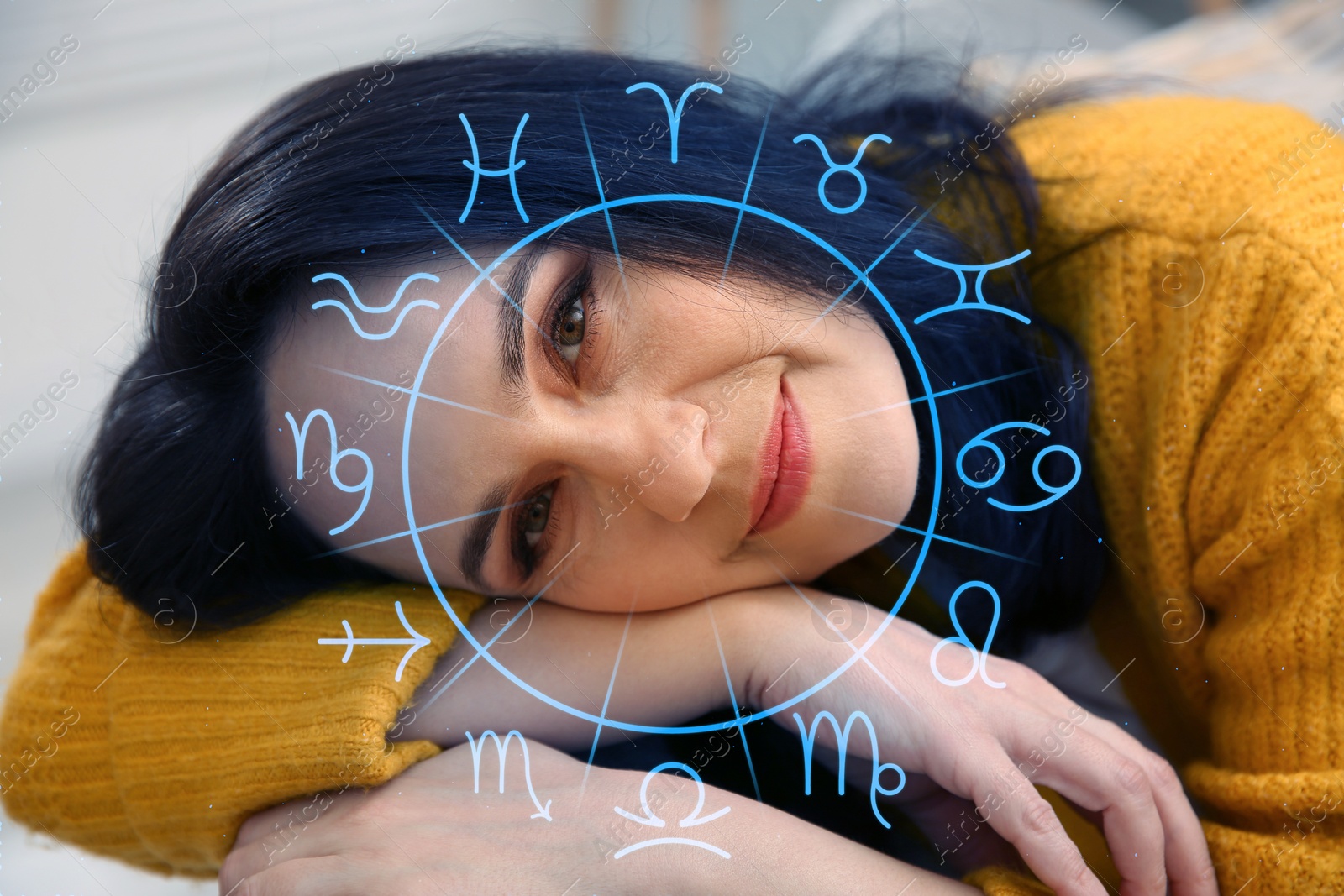 Image of Beautiful mature woman indoors and zodiac wheel illustration