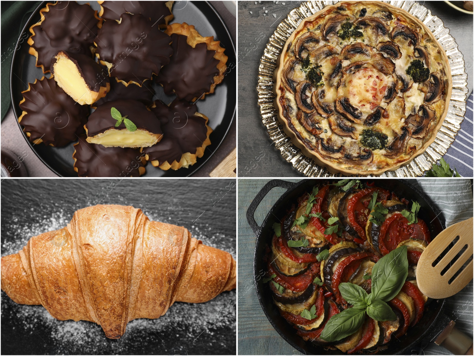 Image of Different tasty French dishes. Collage of ratatouille, quiche, profiteroles and croissant, top view
