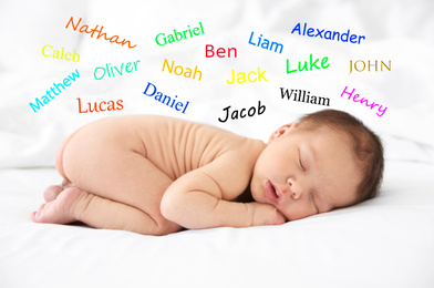 Image of Choosing name for baby boy. Adorable newborn sleeping on bed 
