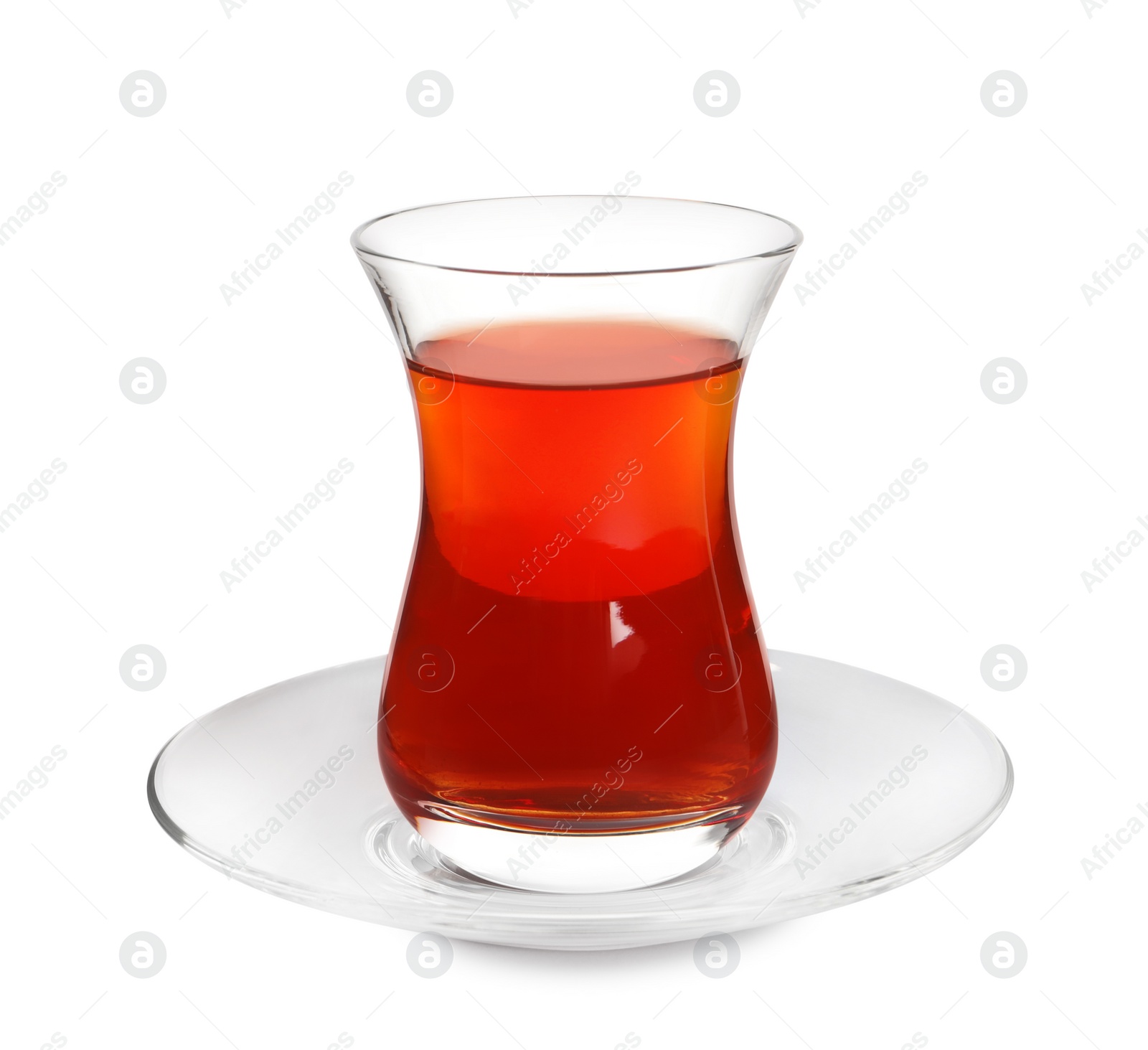 Photo of Glass of traditional Turkish tea isolated on white