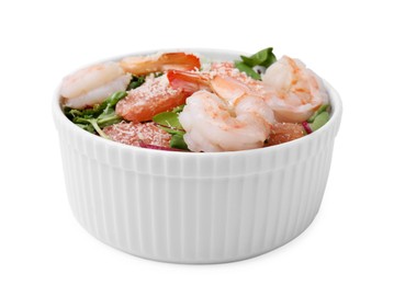 Delicious salad with pomelo, shrimps and tomatoes in bowl on white background