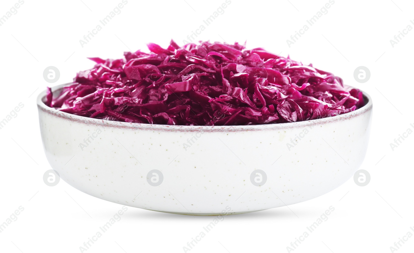 Photo of Bowl with tasty red cabbage sauerkraut isolated on white