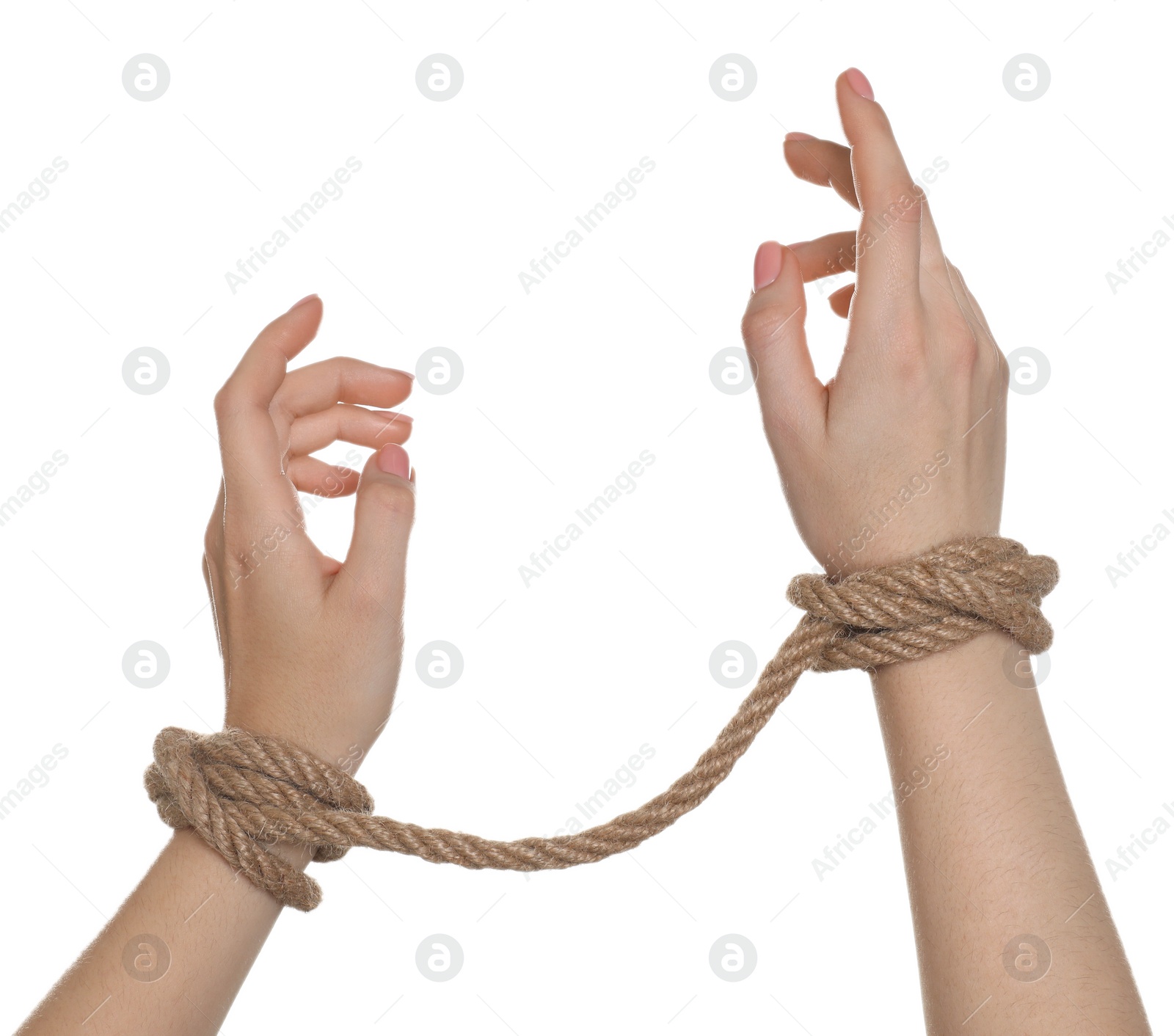 Photo of Freedom concept. Woman with tied arms on white background, closeup