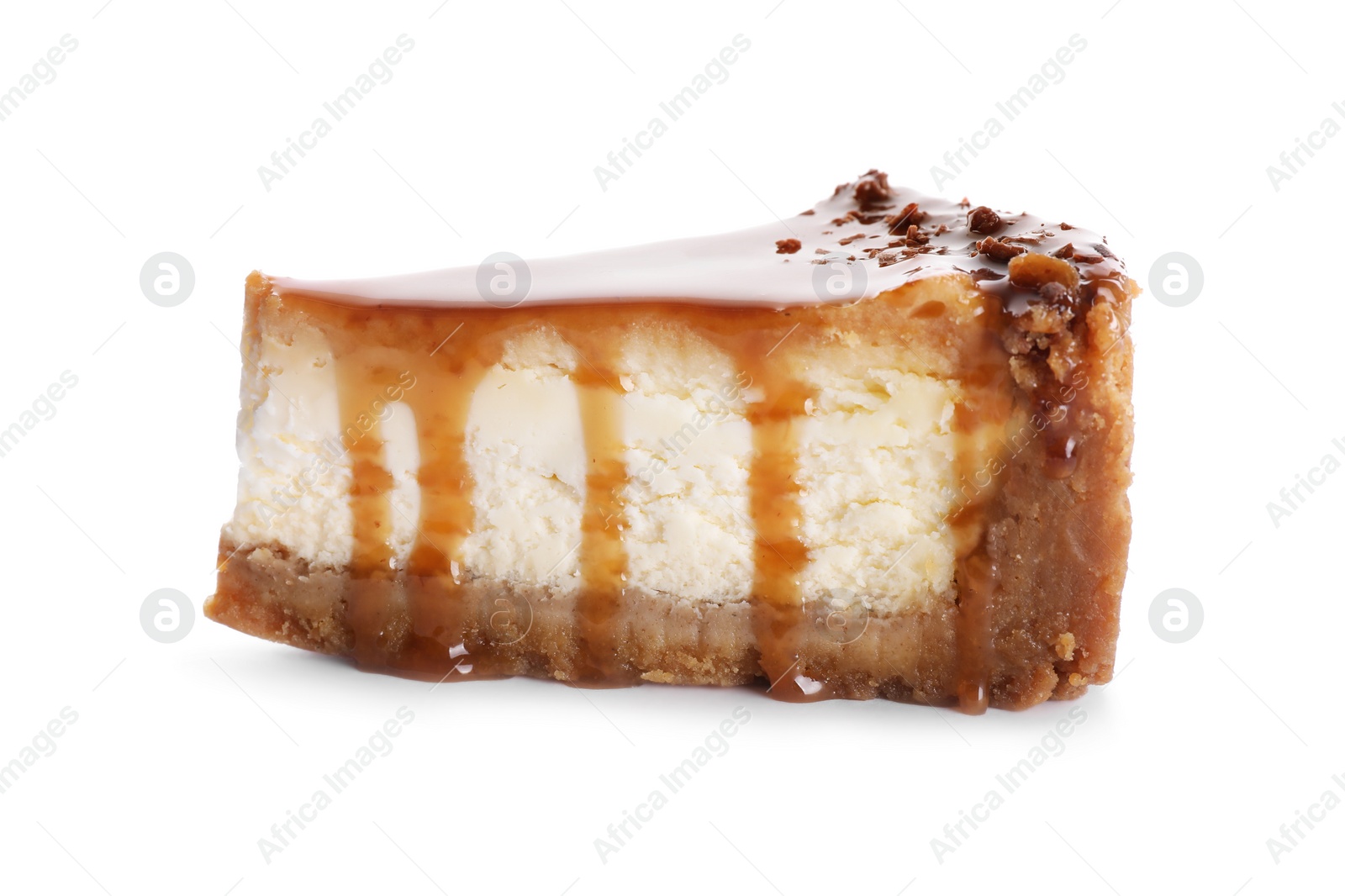 Photo of Piece of delicious cake with caramel isolated on white