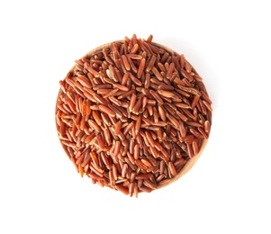 Bowl with uncooked brown rice on white background, top view