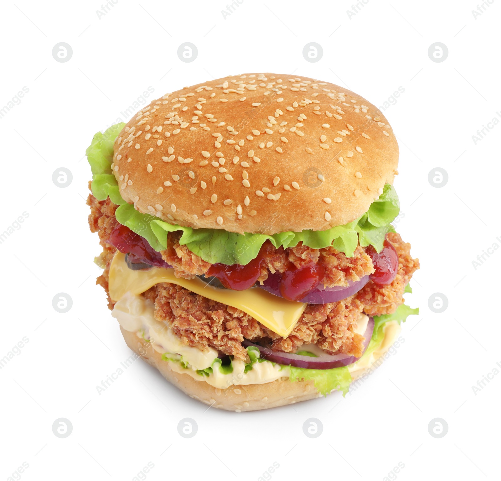 Photo of Delicious burger with crispy chicken patty isolated on white