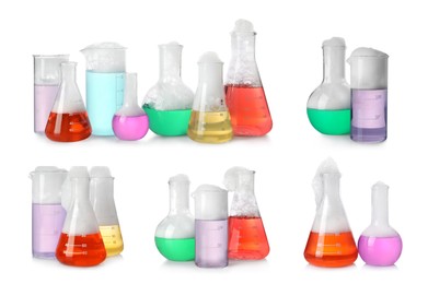 Image of Set of laboratory flasks and beakers with colorful liquids on white background. Chemical reaction