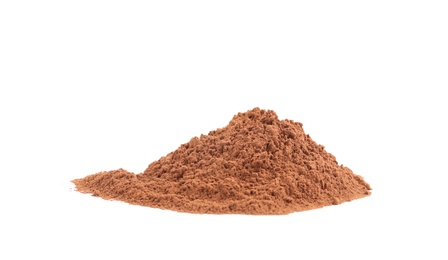 Photo of Pile of chocolate protein powder isolated on white