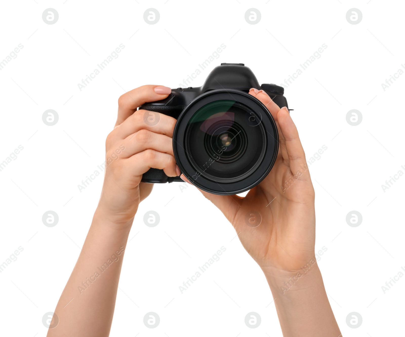 Photo of Photographer with camera on white background, closeup