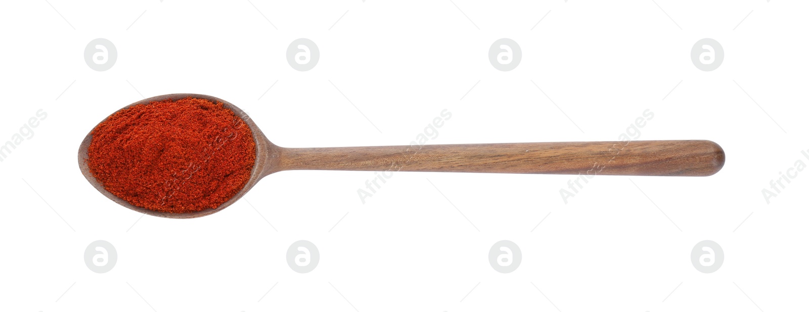 Photo of Wooden spoon with aromatic paprika powder isolated on white, top view