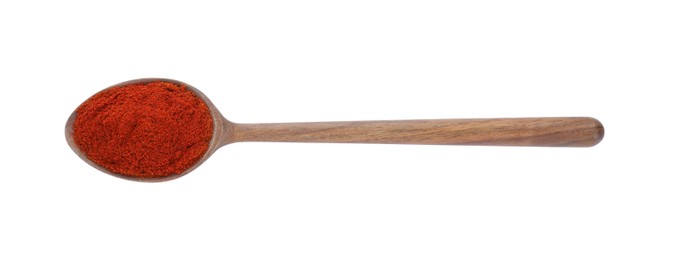 Photo of Wooden spoon with aromatic paprika powder isolated on white, top view