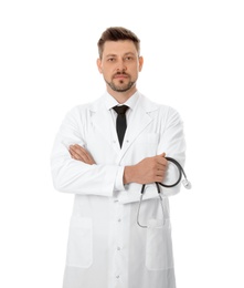 Portrait of confident male doctor isolated on white. Medical staff