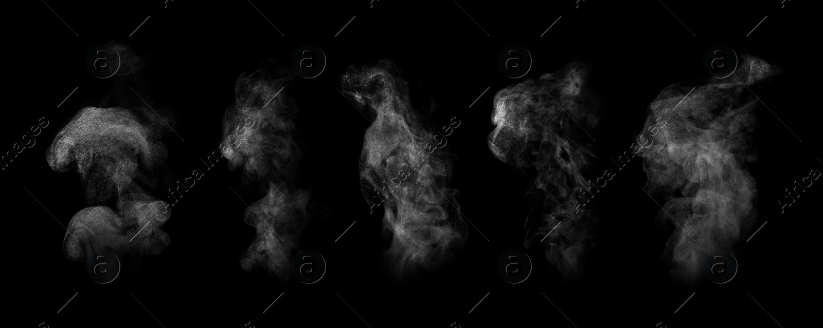 Image of White steam columns rising on black background, collage. Banner design