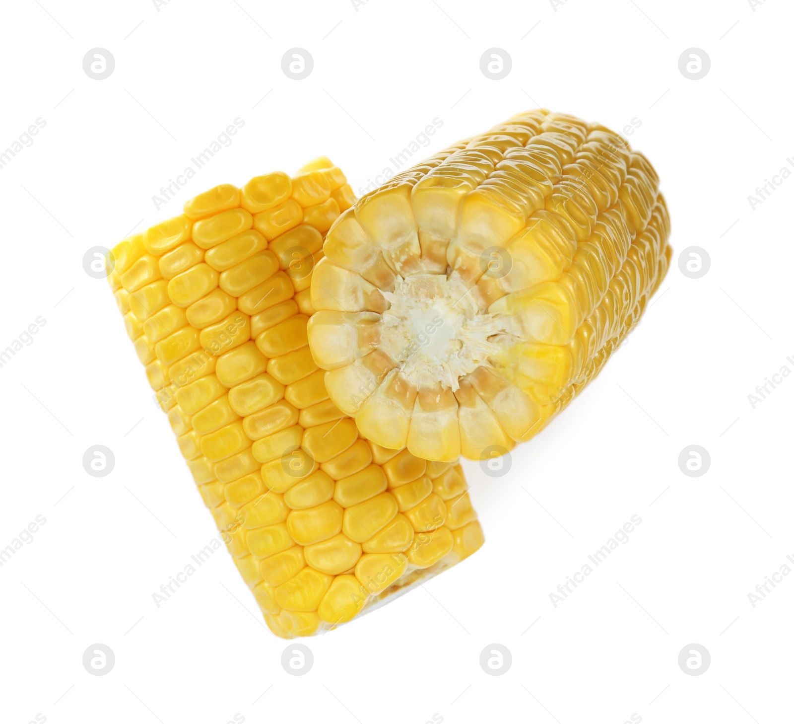 Photo of Pieces of corncobs on white background, top view