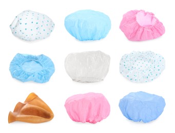 Image of Set with waterproof shower caps on white background