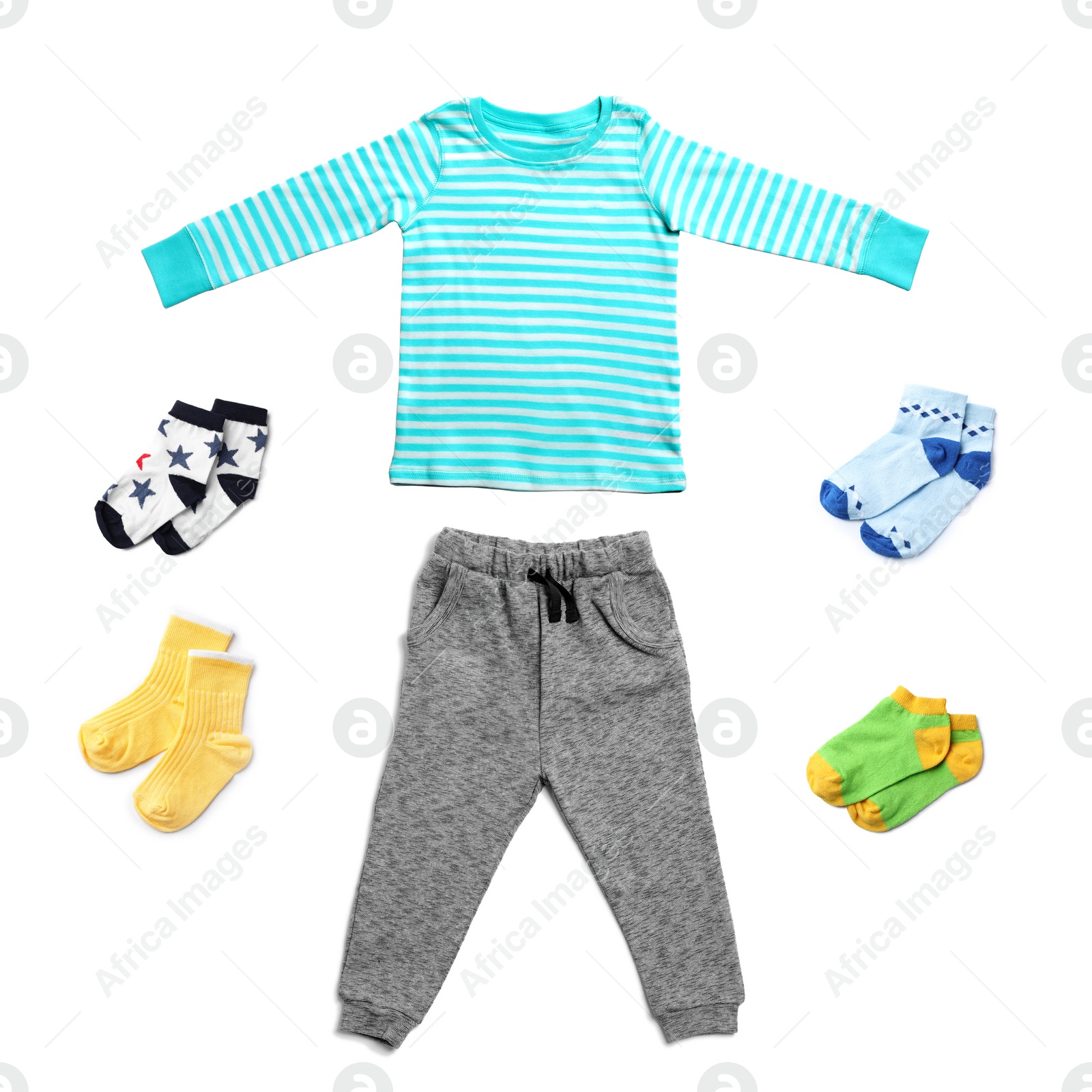 Image of Set with different baby clothes on white background 