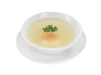 Photo of Tasty soup with parsley in bowl isolated on white