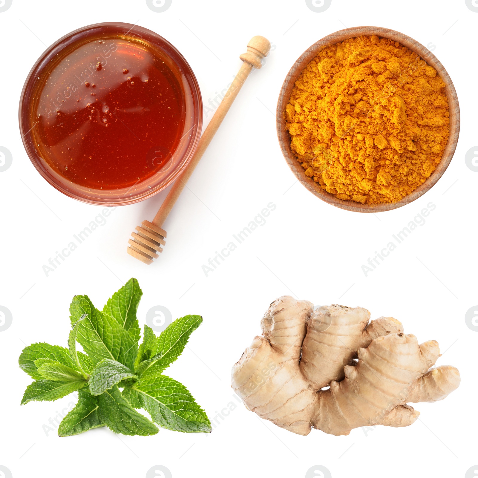 Image of Set of fresh products serve as natural antibiotics isolated on white, top view