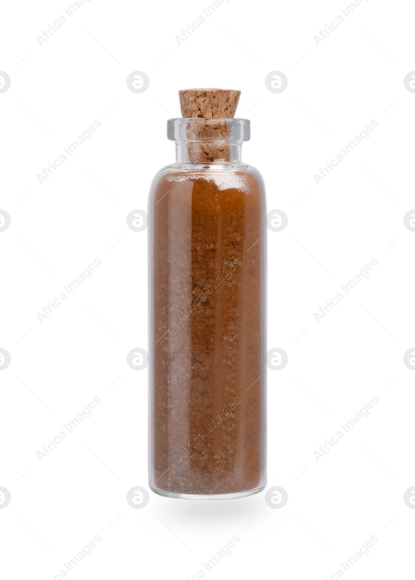 Photo of Glass bottle of brown food coloring isolated on white