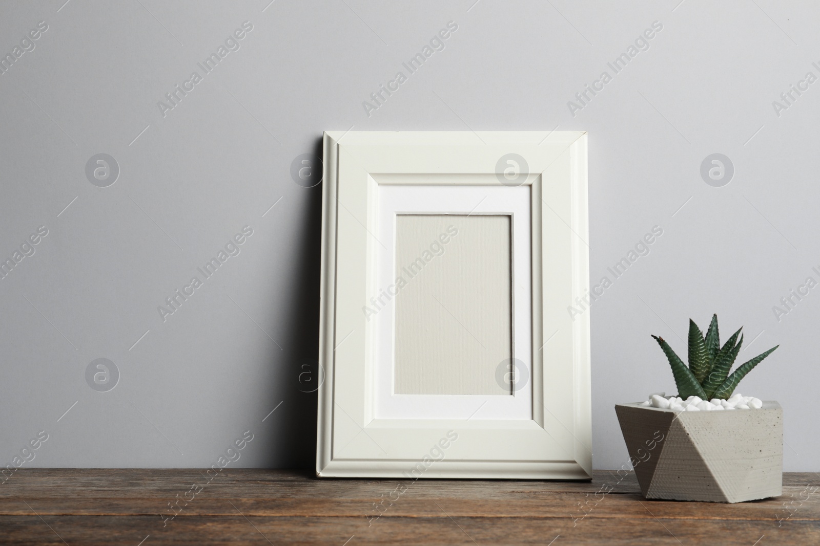 Photo of Blank frame and beautiful succulent plant on table against light background, space for design. Home decor