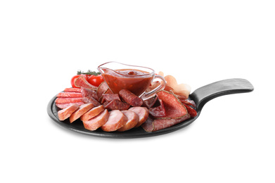 Photo of Different types of sausages with tomatoes and sauce on white background