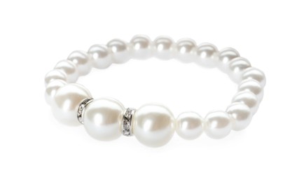 Photo of Elegant pearl bracelet isolated on white. Luxury jewelry