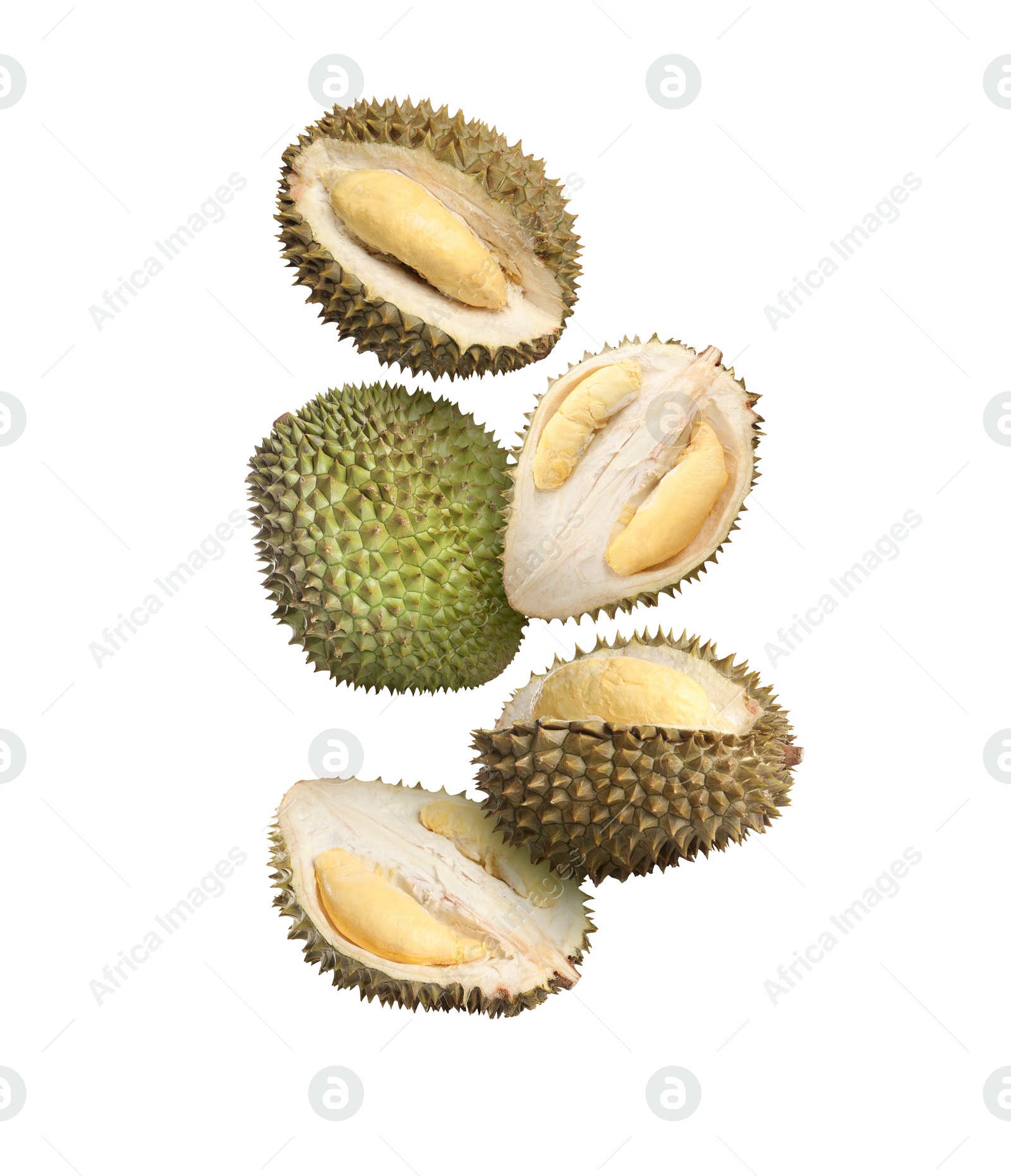 Image of Many ripe durian fruits falling on white background