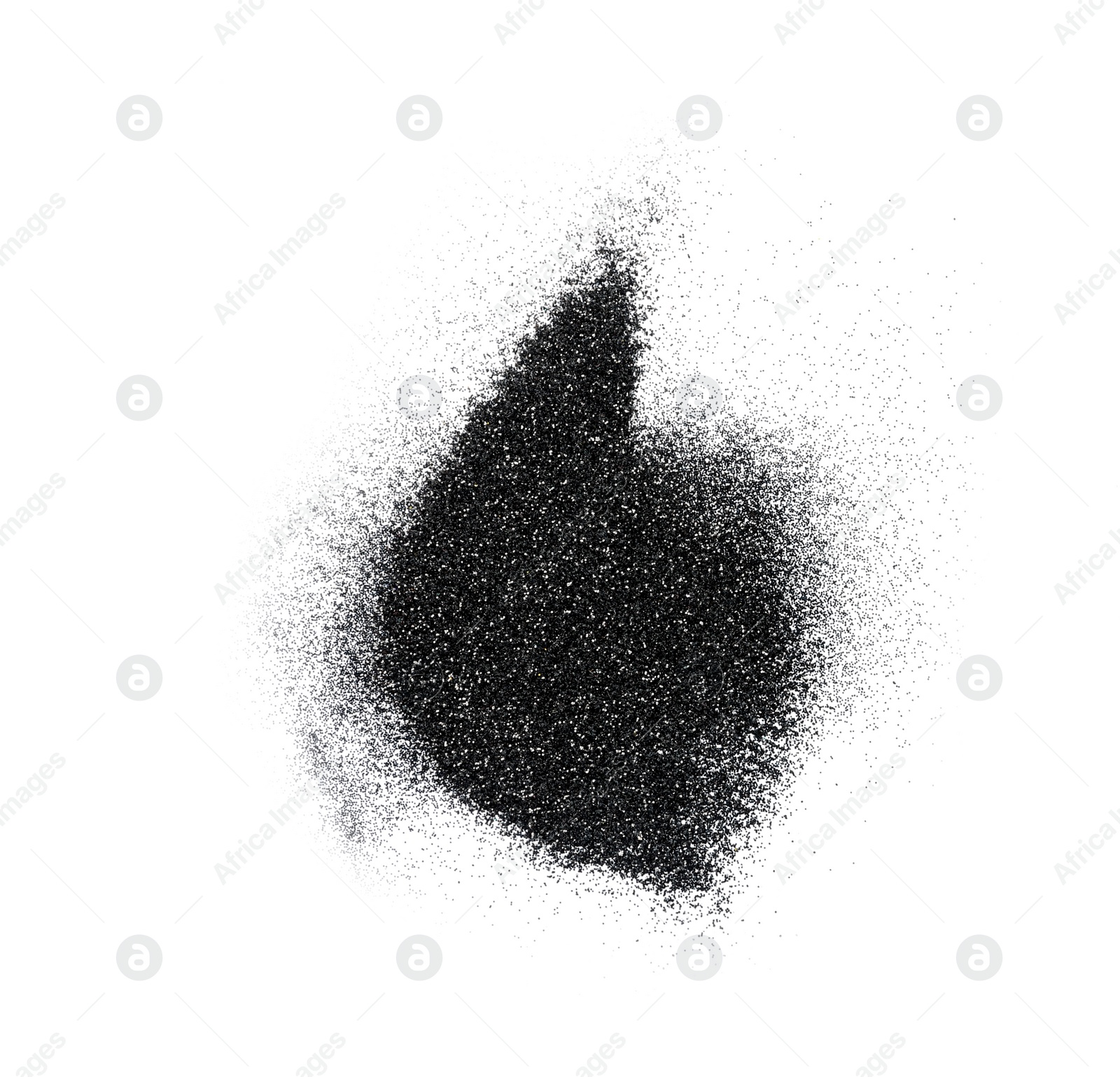 Photo of Heap of shiny black glitter on white background, top view