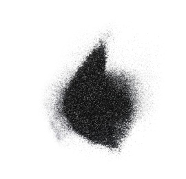 Photo of Heap of shiny black glitter on white background, top view