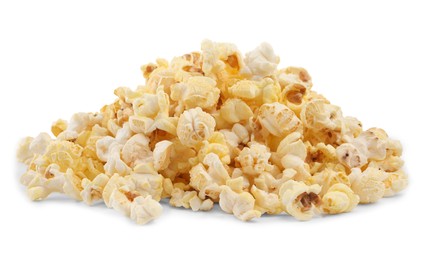 Photo of Pile of tasty fresh popcorn isolated on white