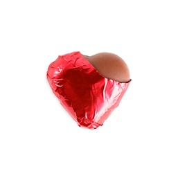 Heart shaped chocolate candy isolated on white, top view