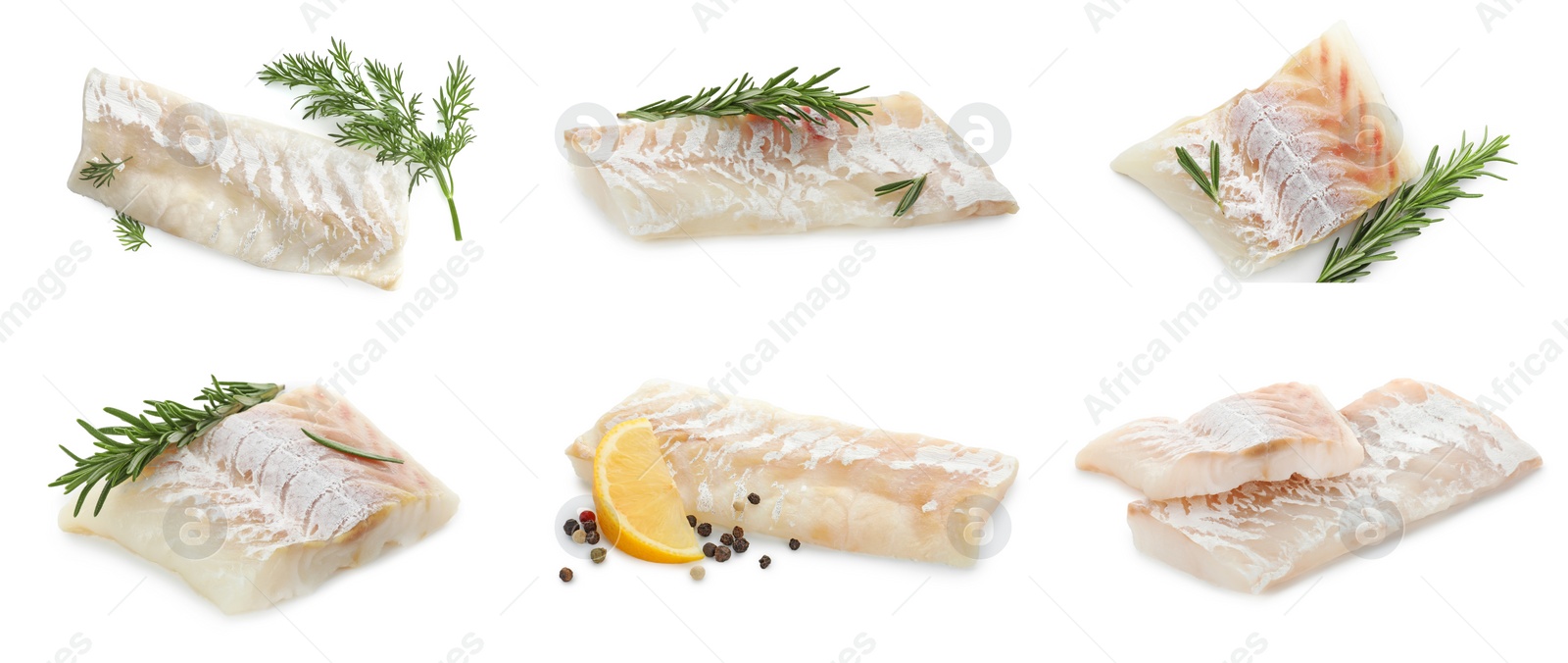 Image of Pieces of raw cod fish isolated on white, set