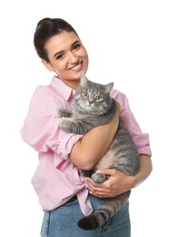 Young woman with cute cat on white background. Pet and owner