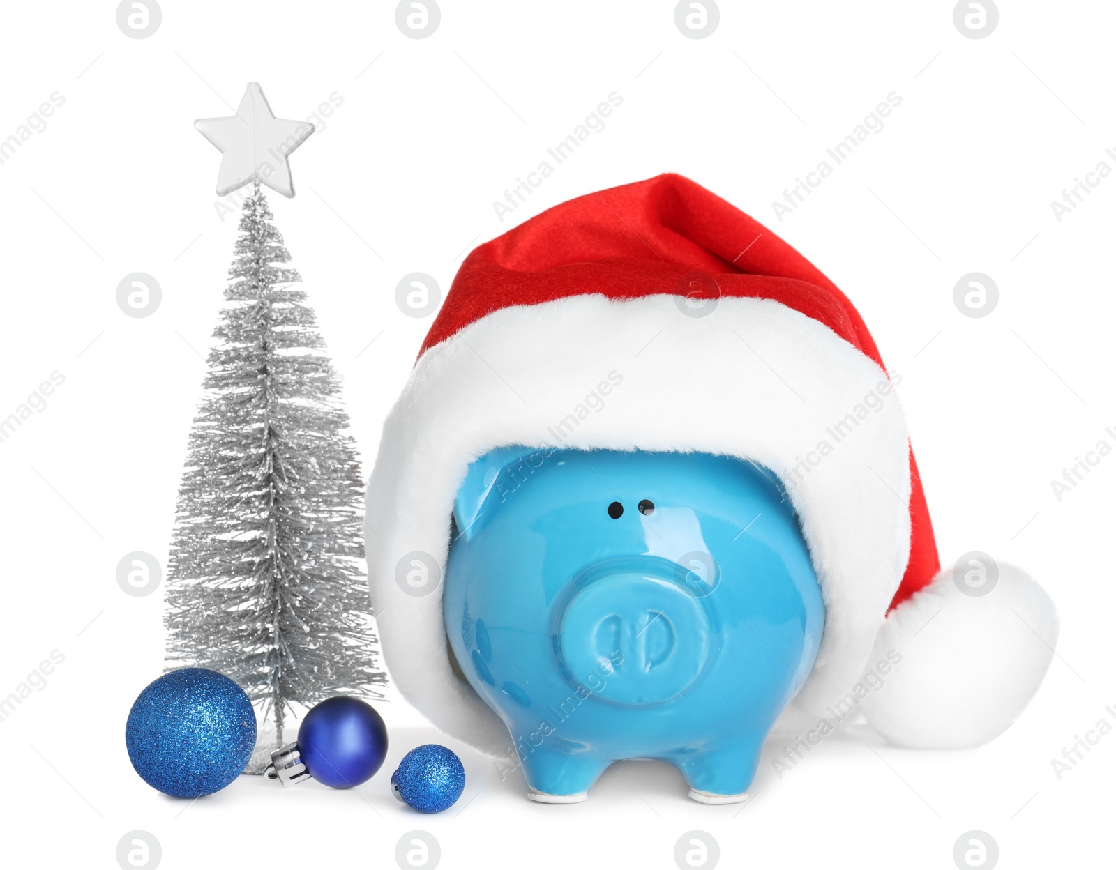 Photo of Composition with piggy bank and Christmas decor on white background