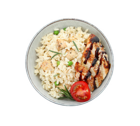 Photo of Delicious chicken risotto isolated on white, top view