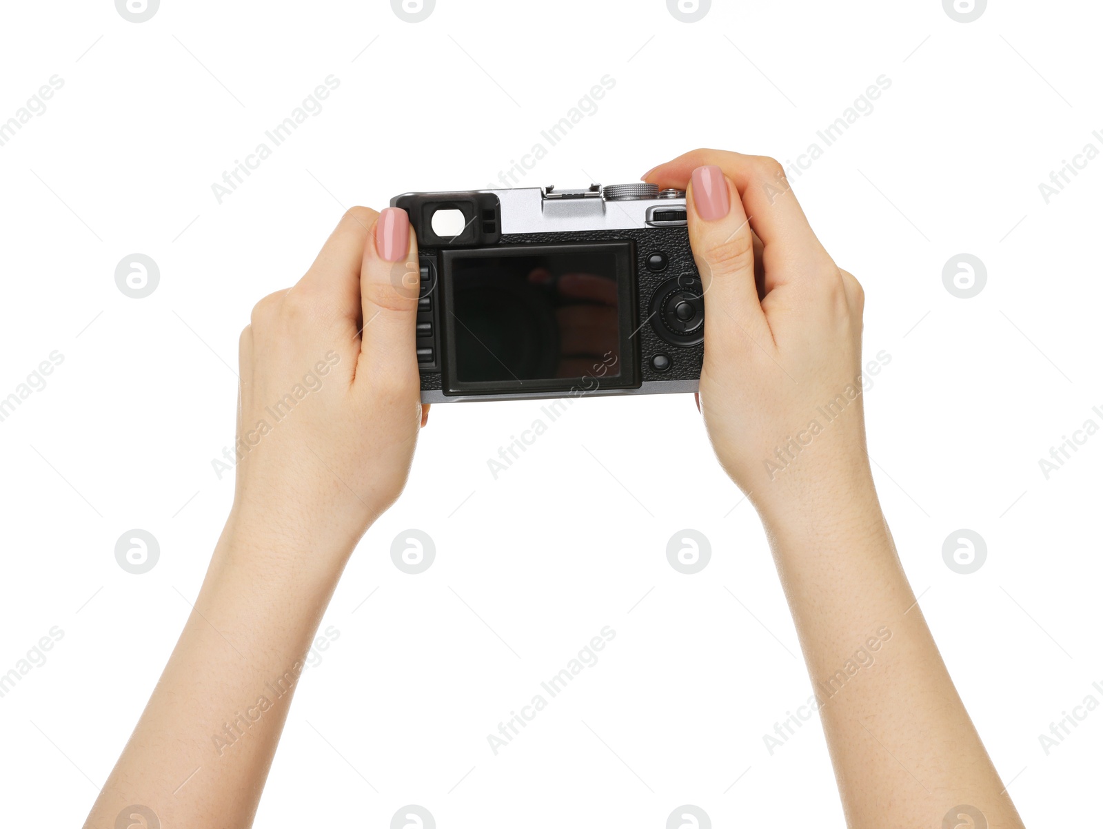 Photo of Photographer with camera on white background, closeup